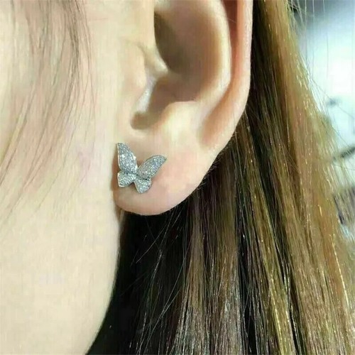 1.80Ct Round Cut Real Moissanite Butterfly Stud Earrings 14K Yellow Gold Plated - Picture 4 of 6