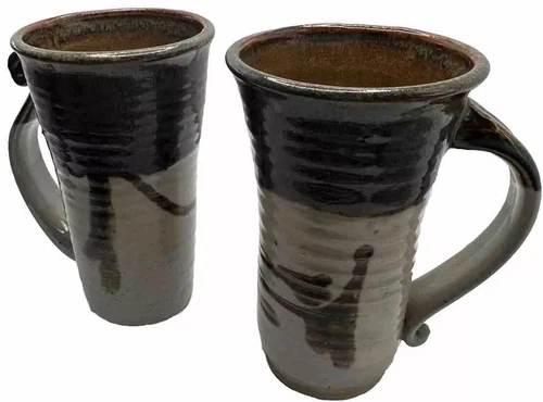 Ceramic Mugs Cups Studio Art Pottery Wheel Thrown Signed 6.5" Lot of 2 VTG