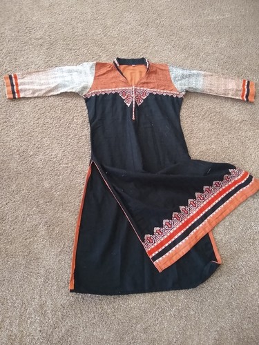 Womens Orange & Black Sz XS 38 Indian Kurta Kurti Handmade - 第 3/8 張圖片