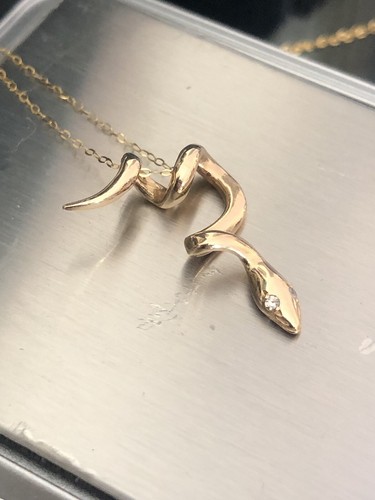 14k Yellow Gold Draped Snake Serpent Pendant With Diamond Eyes . Necklace. Chain - Picture 8 of 21