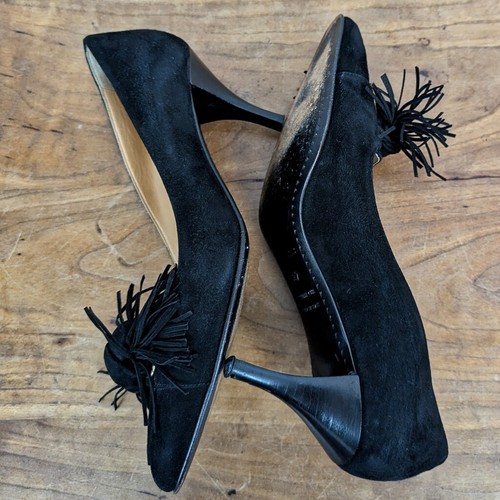 Hermes Black Suede Fringe Tie Front Heels Size 37 - 第 6/11 張圖片