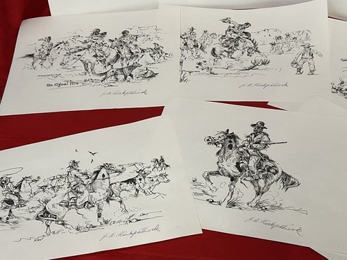12 bocetos firmados con impresión artística de J A Kirkpatrick, viejo oeste, vaqueros, indios - Imagen 6 de 8