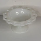 Vintage White Milk Glass Pedestal Bowl With Decorative Lace Edge Desig