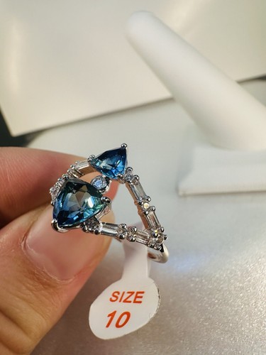 NWT Ring Bomb Party Sz10 RBP Dual Blue Triangle Gems Split Rhodium P Bnd Jewelry - Picture 6 of 9