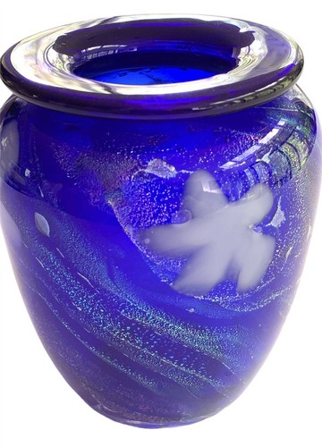 Claude Kurtz Art Glass Vase 1998 Cobalt Blue Silver Sparkle Signed CWK 5.5" Tall