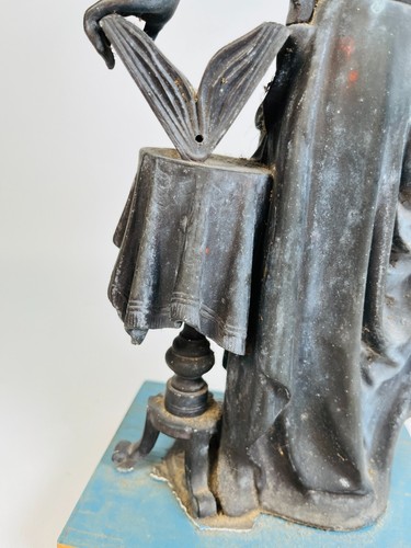 Antique Late 1800s Cast Metal Neoclassical Sculpture Of Woman W/Book On Wood - Picture 12 of 16