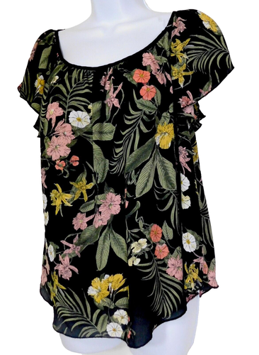 Philosophy Black Floral Pullover Blouse S Faerie Fairy Mythical Garden Print S/S - Picture 2 of 6