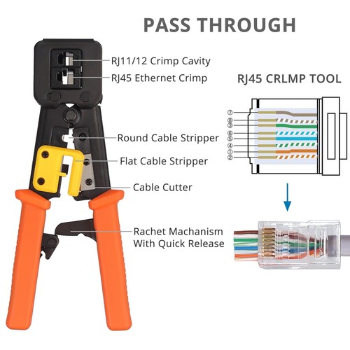 Heavy Duty RJ45 Crimper Ethernet Cable Crimping Tool End Pass Through RJ12 RJ11 - Picture 3 of 7