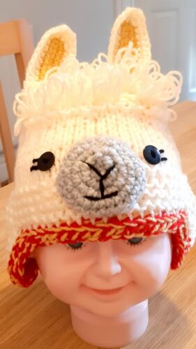 LLAMA EARFLAP HAT; Cream; HAND KNIT TO ORDER ALL SIZES; Quick Delivery from £7 - Picture 10 of 11