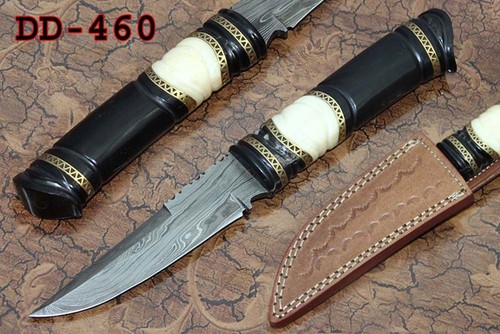 9.5" Damascus steel skinning knife, exotic hand made round scale, Cow sheath - Picture 2 of 22
