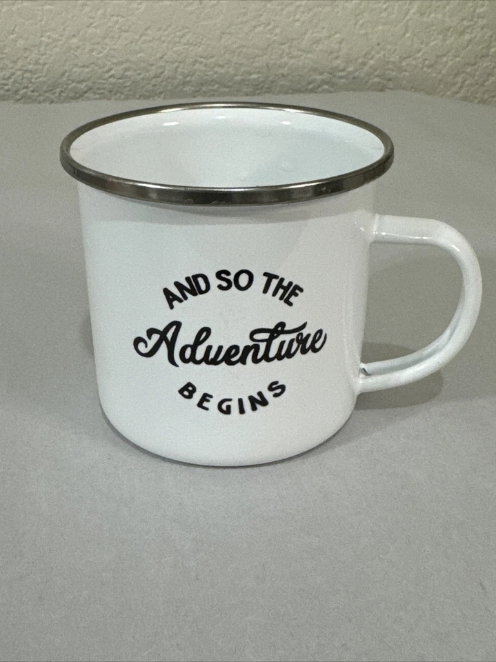 "And So The Adventure Begins"  Enamel Metal Tin White Drinking Cup Mug 12 ounces - Image 2 of 4