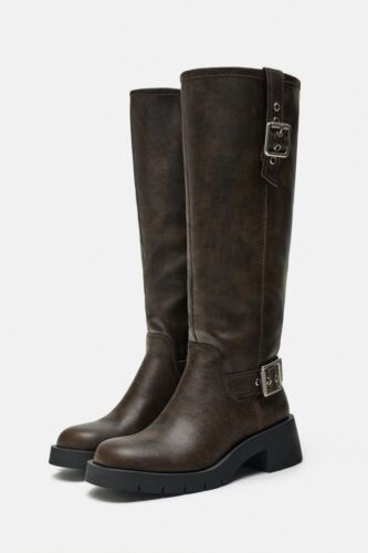 2024 Zara Dk Brown Leather Knee High Biker Boots buckle US 8, EU 39 New - Picture 3 of 9