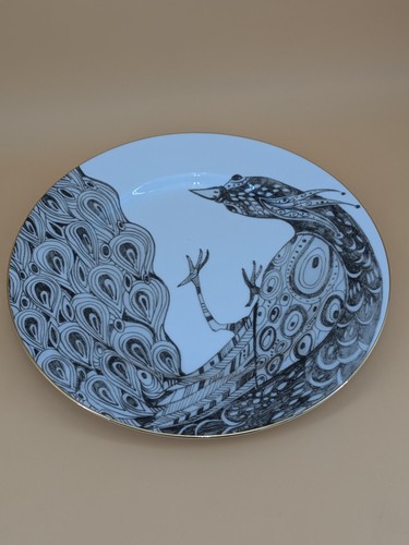 Anthropologie Peacock Dinner Plate Black White Gold Trim 10” Dish Japan New - Picture 3 of 8