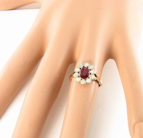 9CT 9K ROSE GOLD INDIAN RUBY OPAL ART DECO INS BEZEL CLUSTER RING FREE RESIZE - Picture 3 of 3