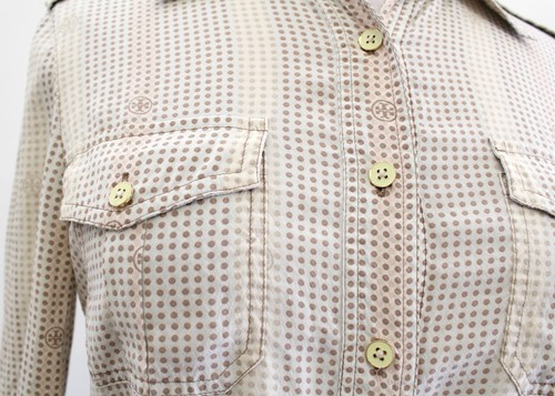 Tory Burch Neutral Logo Striped Silk Button Front Shirt Blouse Size 0 Beige - Picture 3 of 6