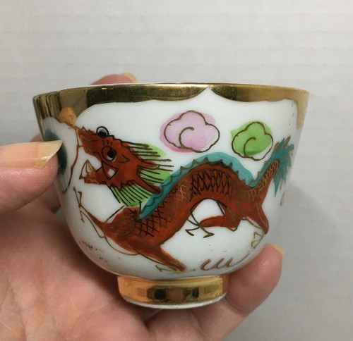 Antique Japanese Dragon & Phoenix Porcelain Tray w/3 Matching Tea Cups Gold Gilt - Picture 7 of 13
