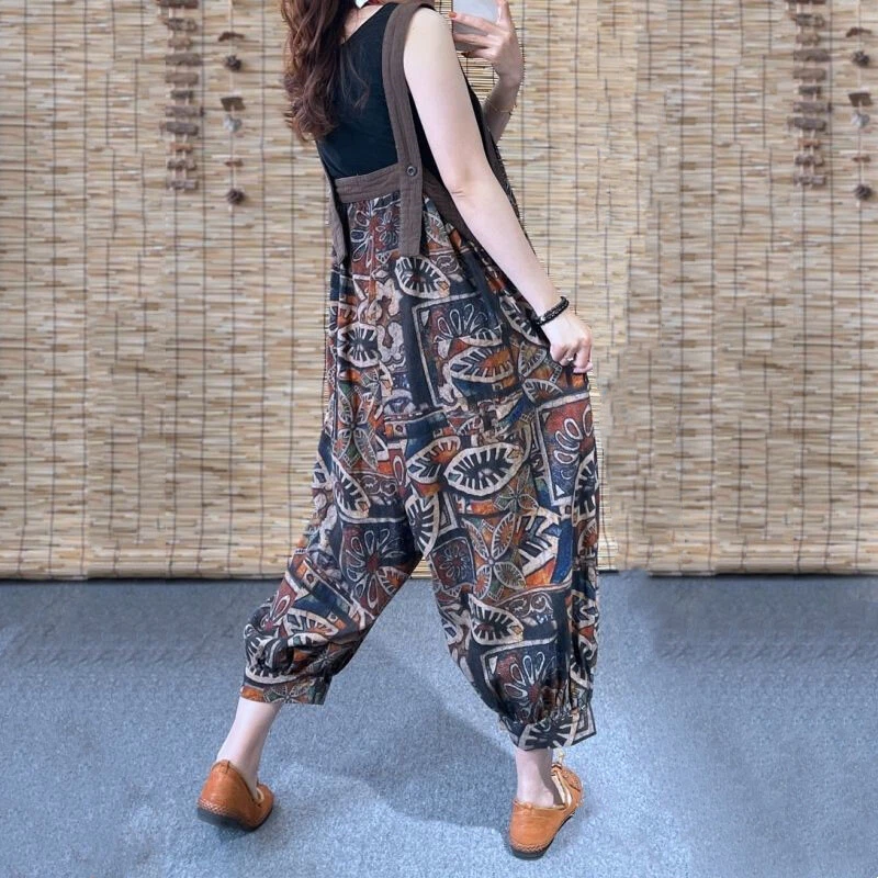 Boho Damen Latzhose Blumenmuster Strumpfhalter Overall Breit Bein Hose Strampler - Bild 3 von 4