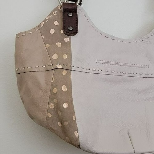 The Sak Large Slouchy Tan, Off White & Polka Dot Block Print Leather Bag Purse - Picture 3 of 16