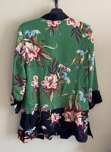 Chico's Jacket Japanese Kimono Reversible Botanical Green Navy Mid Length Size 1 - Picture 2 of 13