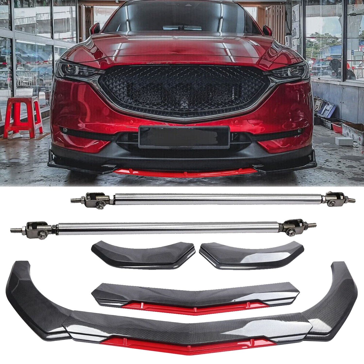 Mazda 2 3 5 CX3 CX5 Carbon Fiber Front Bumper Lip Spoiler Splitter & Strut Rod
