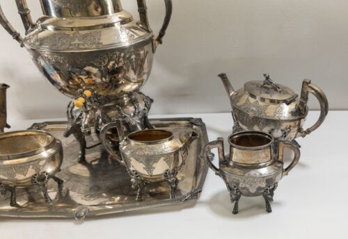 Antique Rogers Silverplate Fancy Tea Coffee Service Hunting Theme Stag Deer Dog - Picture 4 of 21