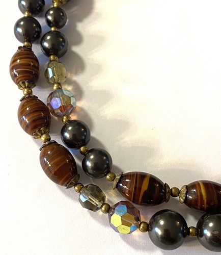 SHADES OF AUTUMN 50’s  Vtg Two Strand Art Glass Bead Crystal Pearl Necklace - Picture 1 of 8