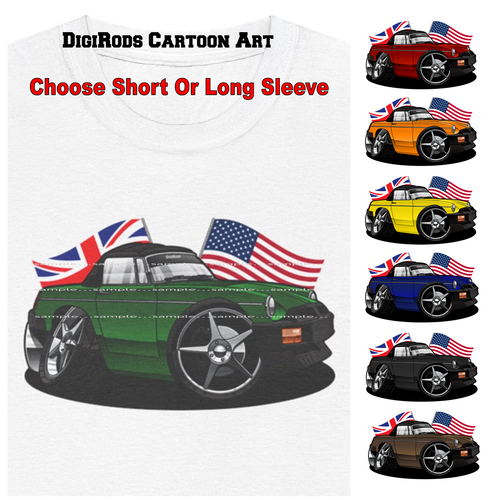 T-Shirt DigiRods MG MGB britisches Cabrio Modell USA UK Flaggen Cartoon Auto weiß - Bild 1 von 7