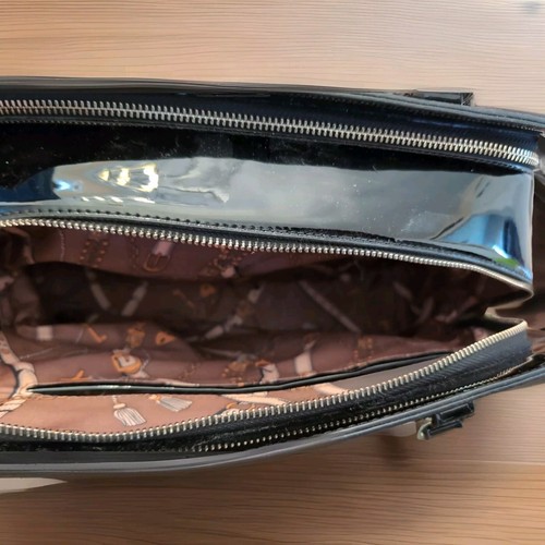 Black Satchel Tote Shoulder Bag XL interior bright Shiny Fabric Leather Gold - Picture 7 of 7