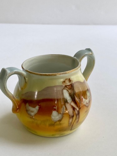 Seltenes Vintage Milchkännchen Zucker handbemalt Bauer, Frau Felder Hühner Demitasse - Bild 9 von 20