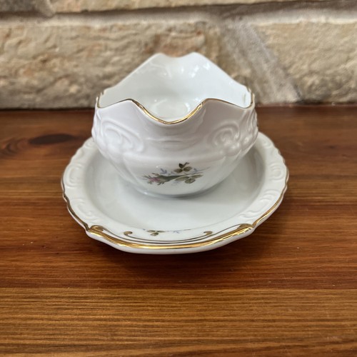 Royal Rose Fine China Gravy Boat with Attached Underplate Pink Flowers Gold Trim - Picture 11 of 20
