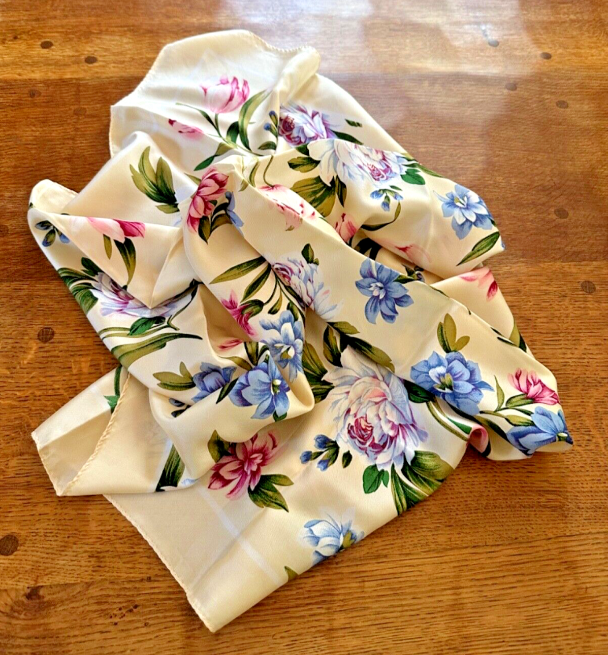 Vintage Large Square Silk Scarf Shawl Wrap Floral Pattern on Cream Background