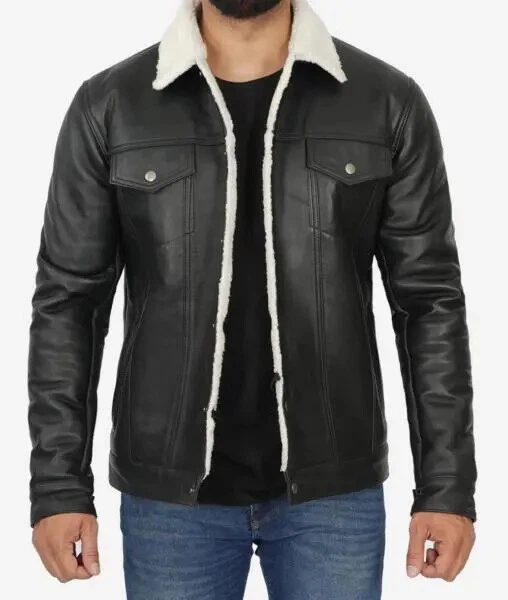 Motorcycles Black Leather Trucker Biker Lined Shearling Jacket For Men