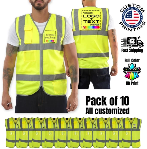 Pack of 10 Custom Hi-Vis Safety Vests – Full-Color Personalized Print - product listing photo