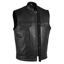 SOA Men's Motorcycle Club Leather Vest Concealed Carry Arms Solid Back
