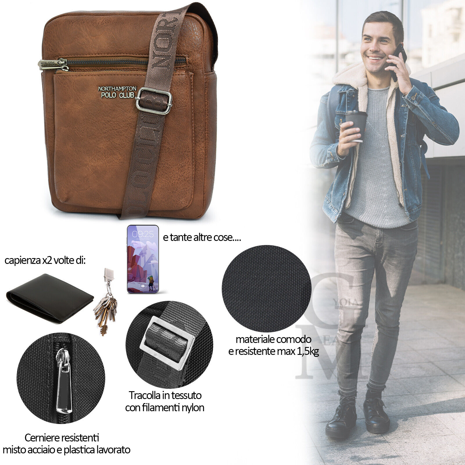 Borsello uomo originale firmato nuovo multi tasche pelle tracolla marrone grande - Foto 2 di 18