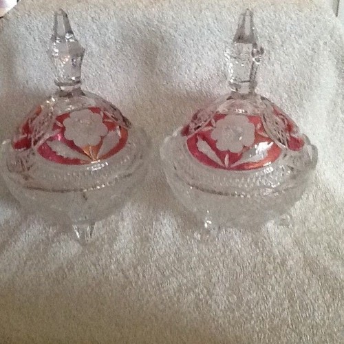 Set of 2 Crystal Candy Dishes w Ruby stain Clear Rose - Picture 2 of 5