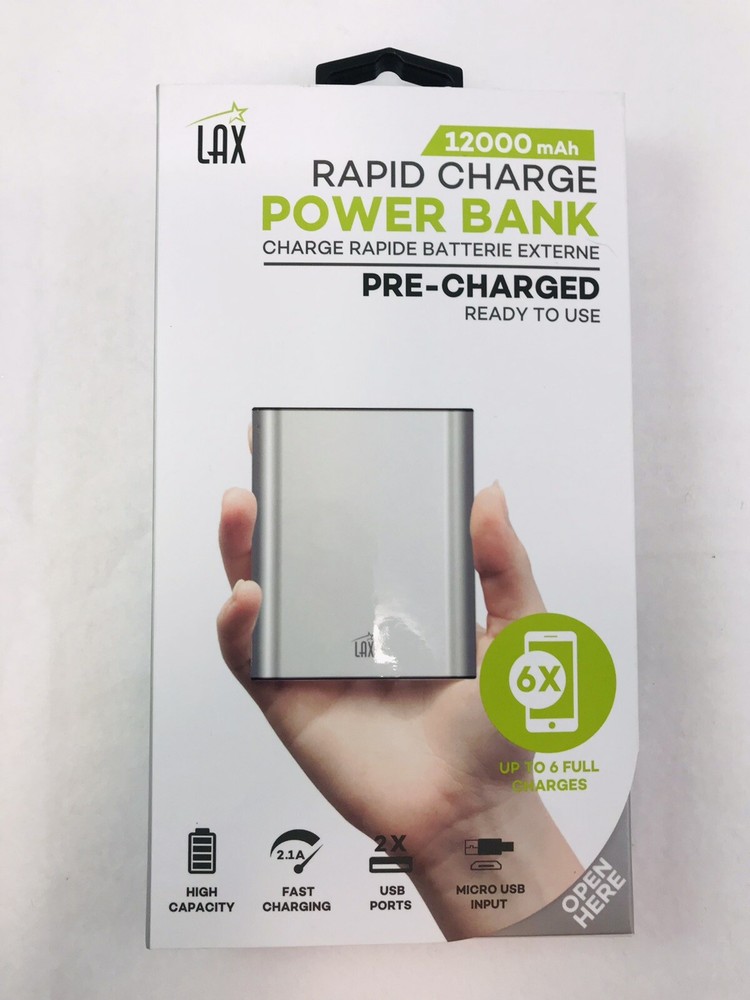 Power Bank Rapid Charge 12000mAh, Up To 6 Full Charges, 2 USB Ports, by LAX, NEW