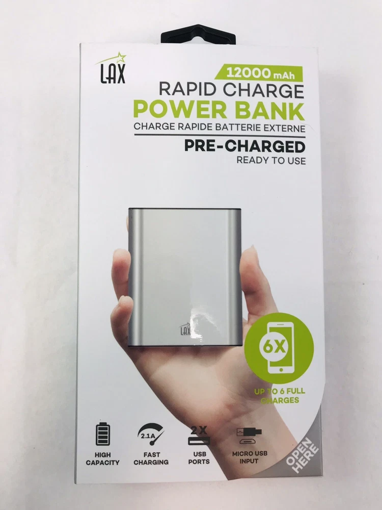 Power Bank Rapid Charge 12000mAh, Up To 6 Full Charges, 2 USB Ports, by LAX, NEW Power Bank Rapid Charge 12000mAh, Up To 6 Full Charges, 2 USB Ports, by LAX, NEW