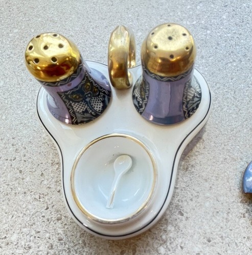 G120~ Japan Lusterware Condiment Set - Salt Pepper Shakers Condiment Dish Blue - Picture 4 of 7