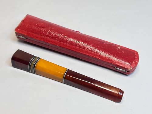 1930s Art Deco Cigarette Holder Butterscotch Amber Bakelite &Silver Inlay w/Case - Bild 5 von 11