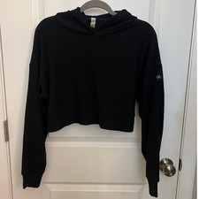 Alo Yoga Muse Hoodie Black Ribbed Cropped Sweatshirt XS Athleisure Lounge