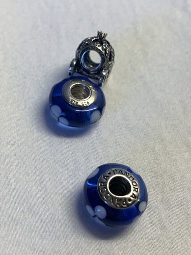 Pandora Sterling Silver Cinderella Coach & 2 Blue Flower Murano Glass beads ALE - Picture 9 of 11