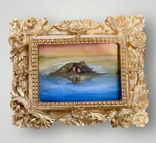 Alligator Eye Reflection watercolor print in mini gold vtg style ornate frame