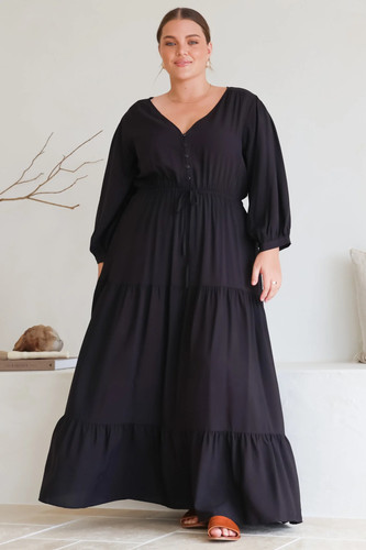 Mia Maxi Dress - V Neck 3/4 Sleeve Tiered Dress in Black - Picture 8 of 20