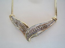 14K Yellow Gold Baguette  Round Diamond "V" Center NECKLACE 17" Length