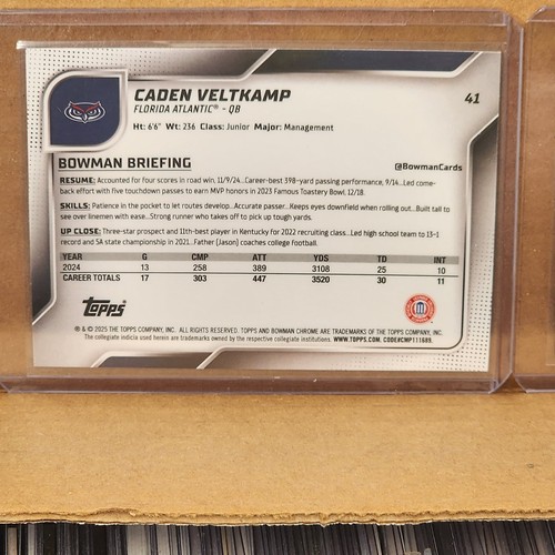 Caden Veltkamp 2025 Bowman Univ Chrome Purple Refractor #33/75 FAU Owls - Picture 3 of 3