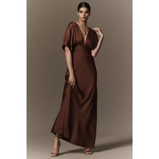 BHLDN Anthropologie Leila Dress Gown Satin Deep V Chocolate Size 2 