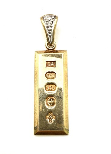 9ct Gold Diamond Ingot Pendant Solid Yellow Gold Diamond Ingot Bar Pendant Gift