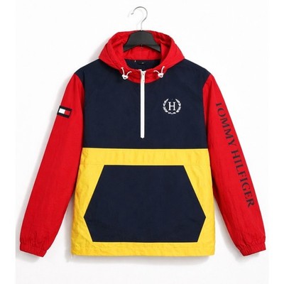 Tommy Hilfiger Windbreaker Jacket Mens Medium Colorblock Hooded Half Zip
