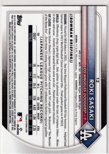 2025 BOWMAN CHROME **RED ROOKIE** RC ROKI SASAKI LOS ANGELES DODGERS MLB #2896 - Picture 2 of 2